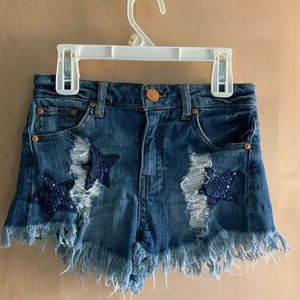 High rise dark wash denim shorts